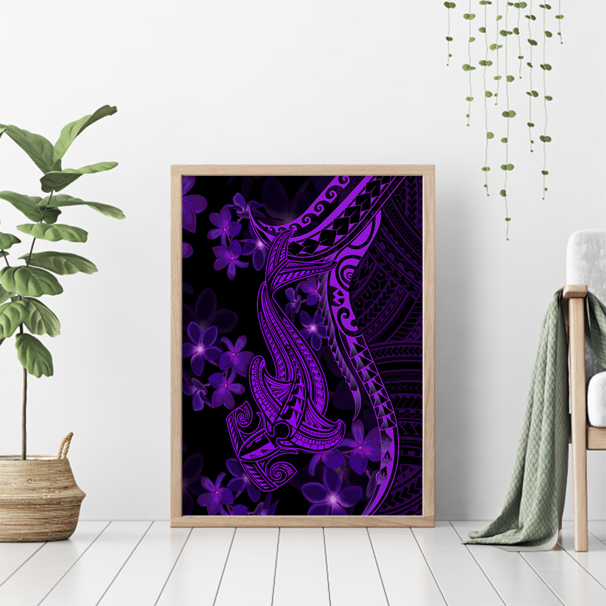 Purple Polynesia Shark Tattoo Canvas Wall Art With Polynesian Plumeria LT14 - Polynesian Pride
