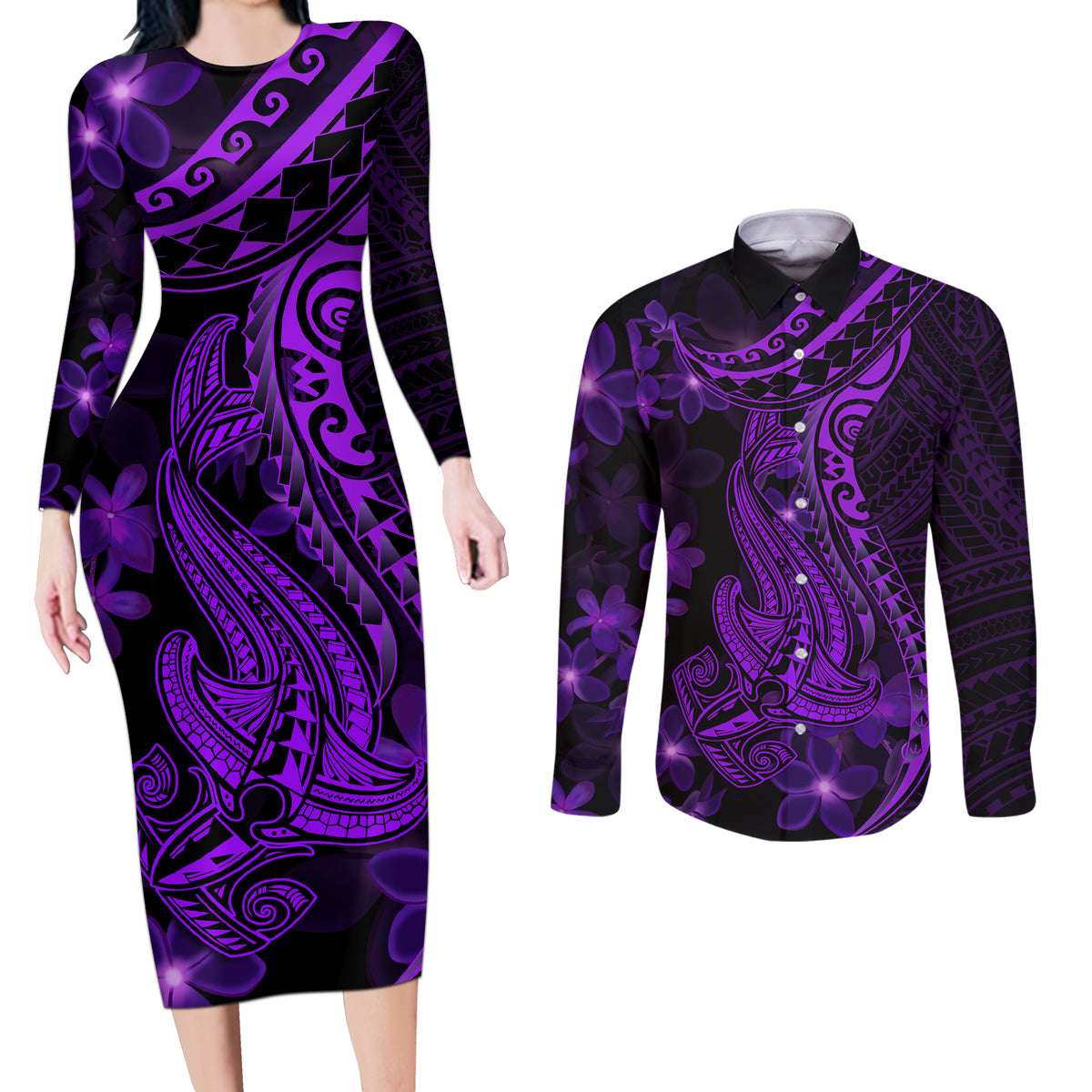 Purple Polynesia Shark Tattoo Couples Matching Long Sleeve Bodycon Dress and Long Sleeve Button Shirt With Polynesian Plumeria LT14 Purple - Polynesian Pride
