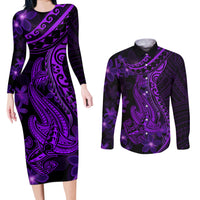 Purple Polynesia Shark Tattoo Couples Matching Long Sleeve Bodycon Dress and Long Sleeve Button Shirt With Polynesian Plumeria LT14 Purple - Polynesian Pride