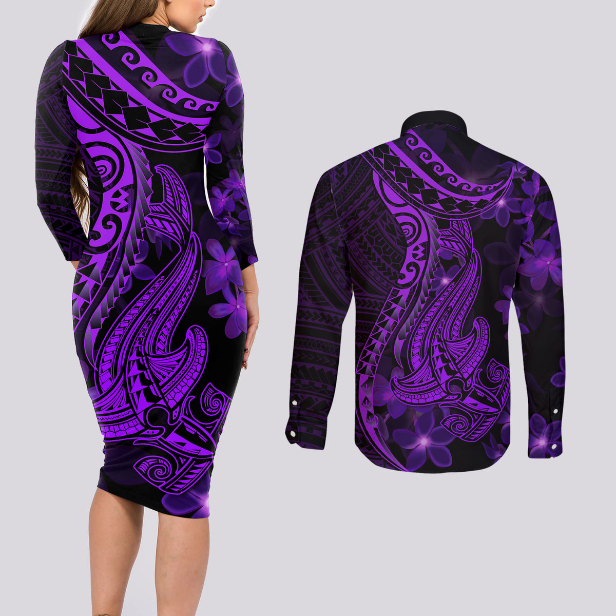 Purple Polynesia Shark Tattoo Couples Matching Long Sleeve Bodycon Dress and Long Sleeve Button Shirt With Polynesian Plumeria LT14 - Polynesian Pride