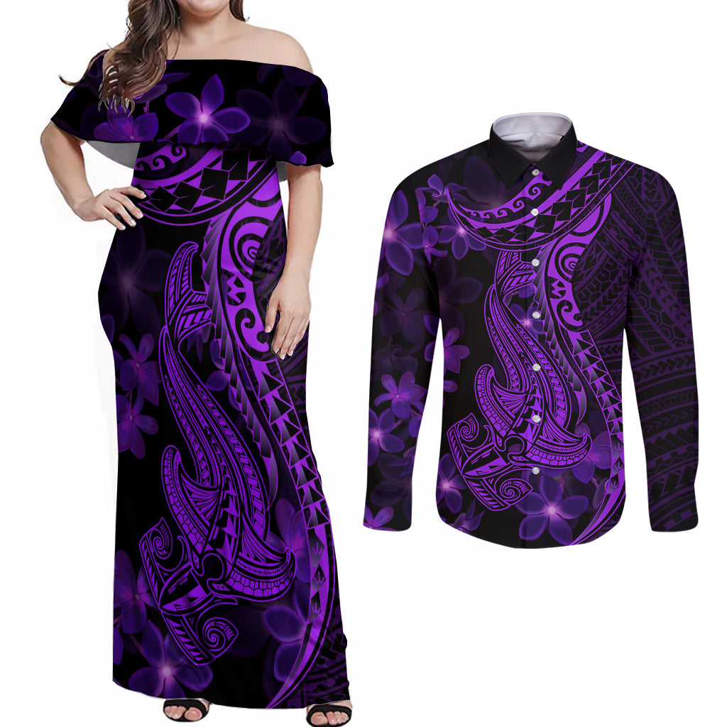 Purple Polynesia Shark Tattoo Couples Matching Off Shoulder Maxi Dress and Long Sleeve Button Shirt With Polynesian Plumeria LT14 Purple - Polynesian Pride