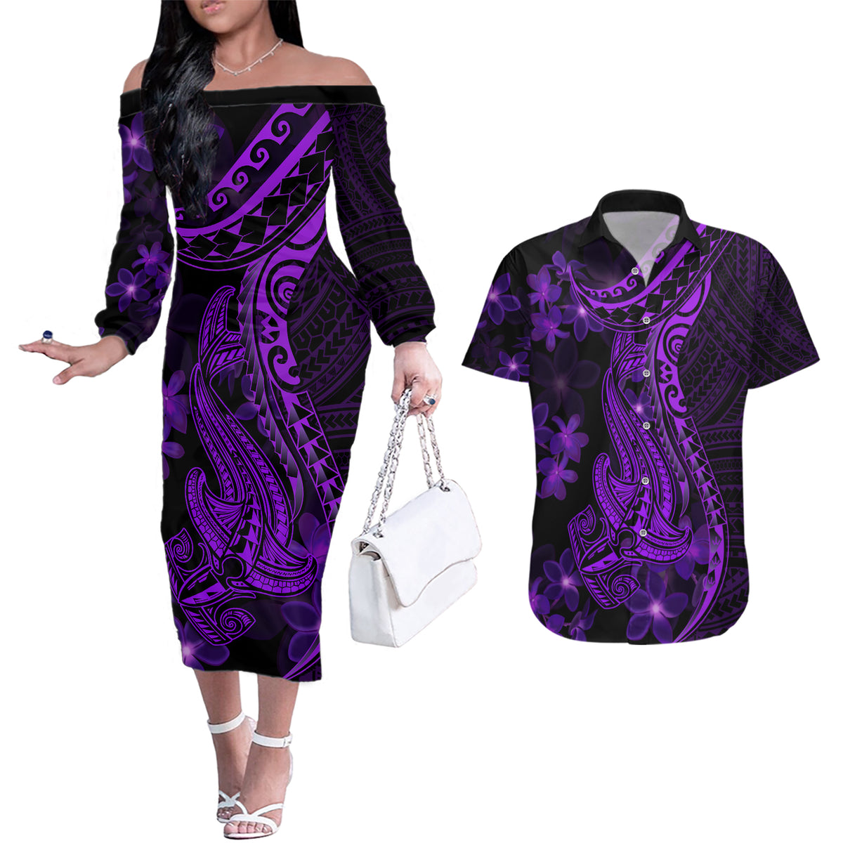 Purple Polynesia Shark Tattoo Couples Matching Off The Shoulder Long Sleeve Dress and Hawaiian Shirt With Polynesian Plumeria LT14 Purple - Polynesian Pride