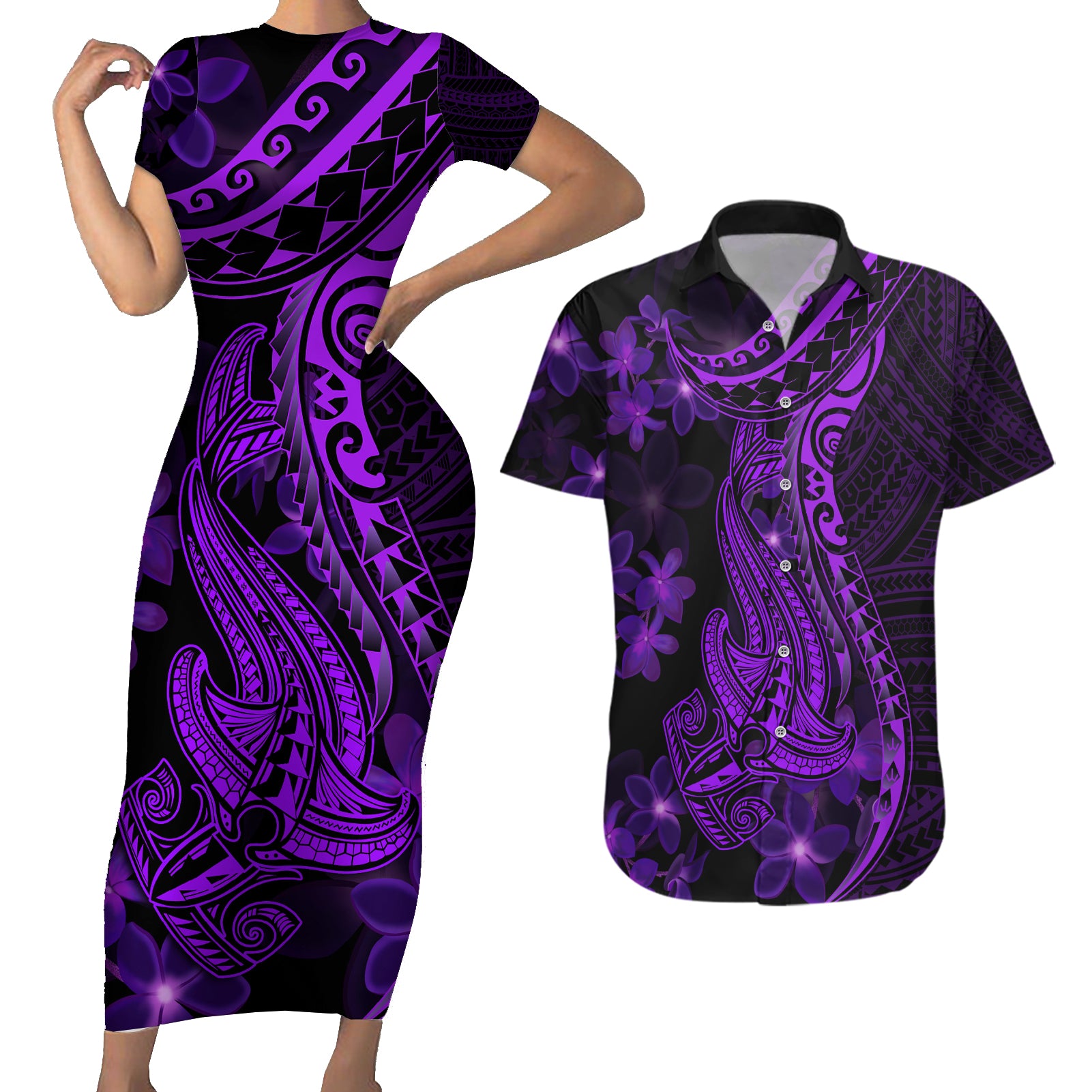 Purple Polynesia Shark Tattoo Couples Matching Short Sleeve Bodycon Dress and Hawaiian Shirt With Polynesian Plumeria LT14 Purple - Polynesian Pride