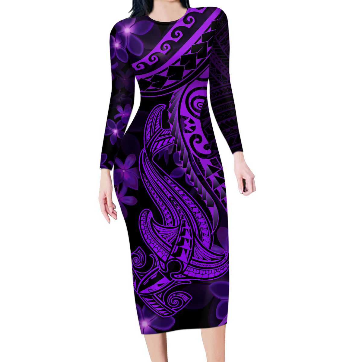 Purple Polynesia Shark Tattoo Family Matching Long Sleeve Bodycon Dress and Hawaiian Shirt With Polynesian Plumeria LT14 Mom's Dress Purple - Polynesian Pride