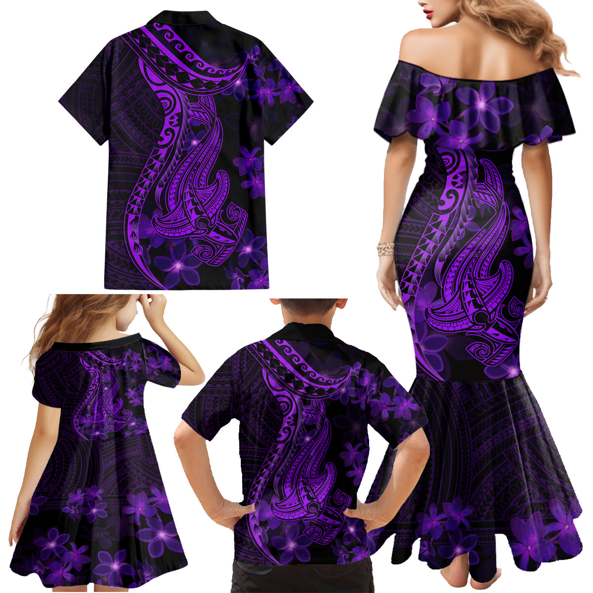 Purple Polynesia Shark Tattoo Family Matching Mermaid Dress and Hawaiian Shirt With Polynesian Plumeria LT14 - Polynesian Pride