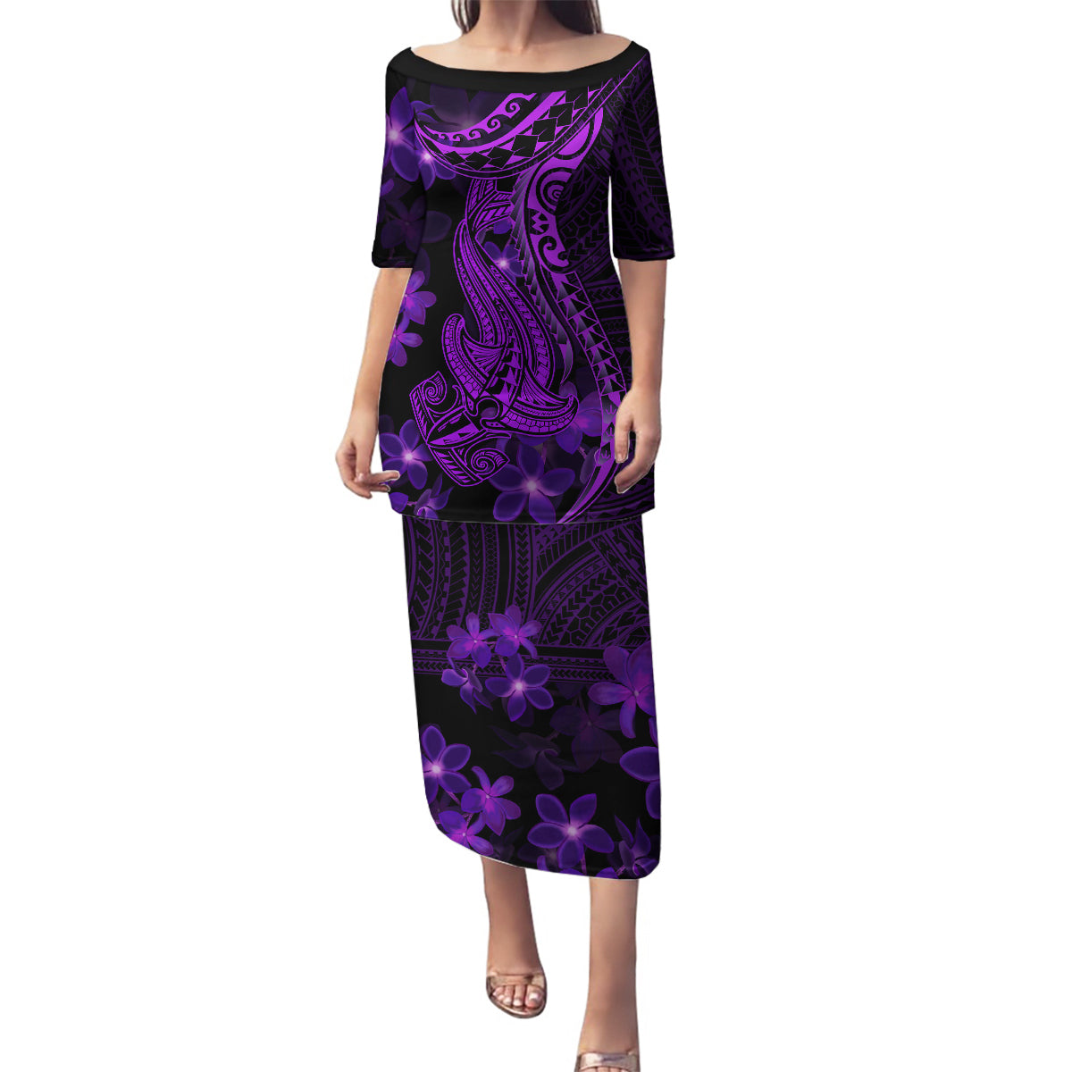 Purple Polynesia Shark Tattoo Family Matching Puletasi Dress and Hawaiian Shirt With Polynesian Plumeria LT14 Mom's Dress Purple - Polynesian Pride