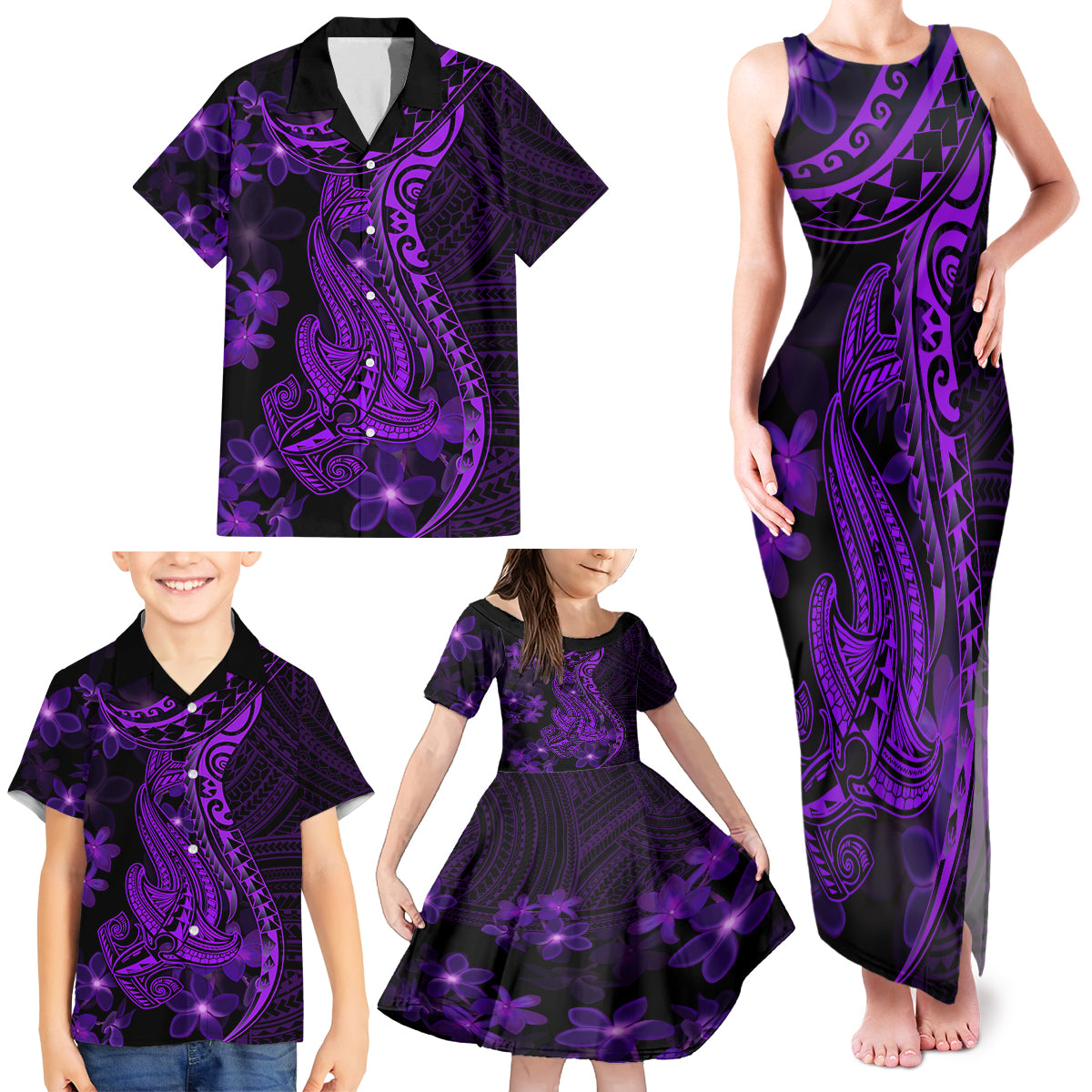 Purple Polynesia Shark Tattoo Family Matching Tank Maxi Dress and Hawaiian Shirt With Polynesian Plumeria LT14 - Polynesian Pride
