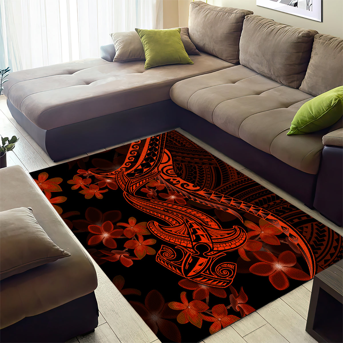 Red Polynesia Area Rug Shark Tattoo With Polynesian Plumeria LT14 - Polynesian Pride