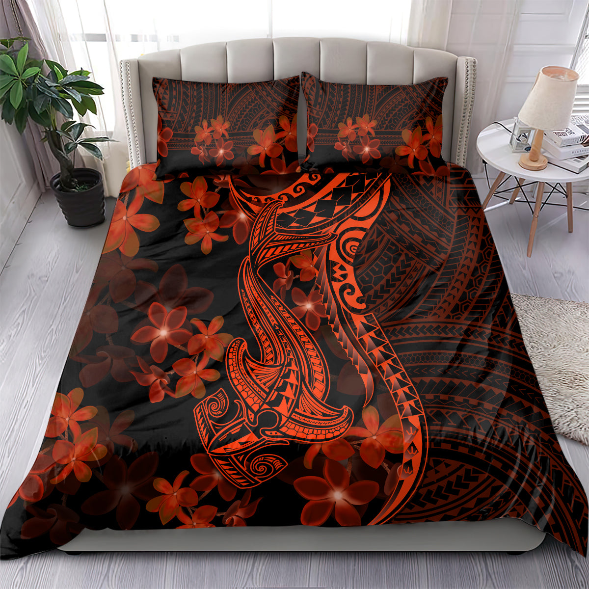 Red Polynesia Bedding Set Shark Tattoo With Polynesian Plumeria LT14 - Polynesian Pride