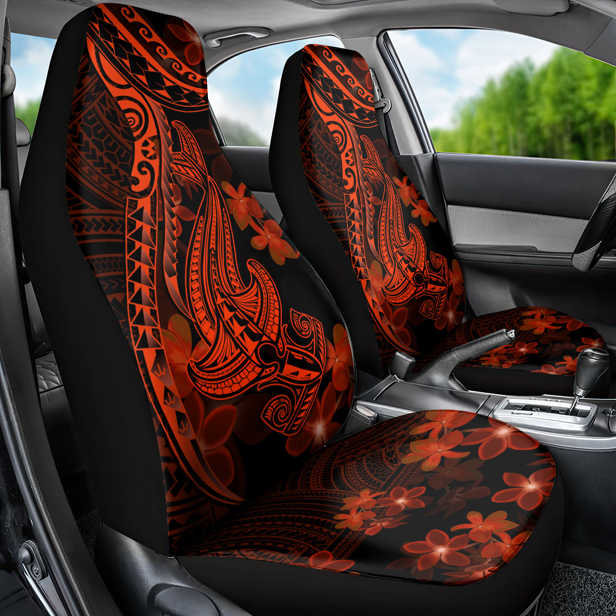 Red Polynesia Car Seat Cover Shark Tattoo With Polynesian Plumeria LT14 - Polynesian Pride
