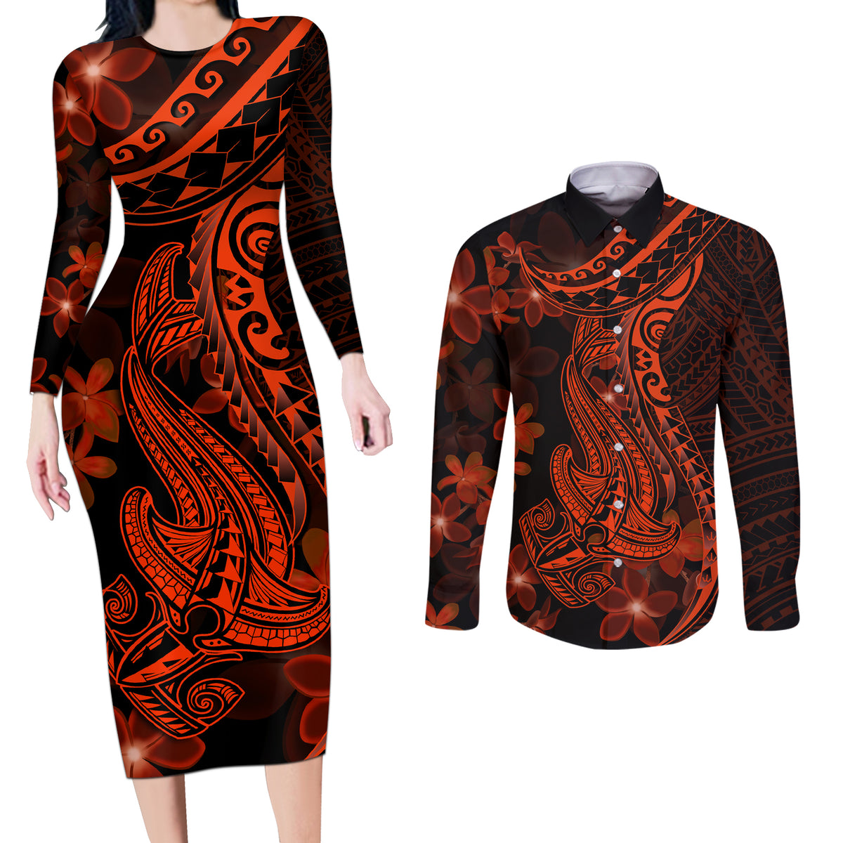 Red Polynesia Couples Matching Long Sleeve Bodycon Dress and Long Sleeve Button Shirt Shark Tattoo With Polynesian Plumeria LT14 Red - Polynesian Pride