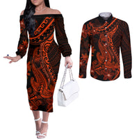 Red Polynesia Couples Matching Off The Shoulder Long Sleeve Dress and Long Sleeve Button Shirt Shark Tattoo With Polynesian Plumeria LT14 Red - Polynesian Pride