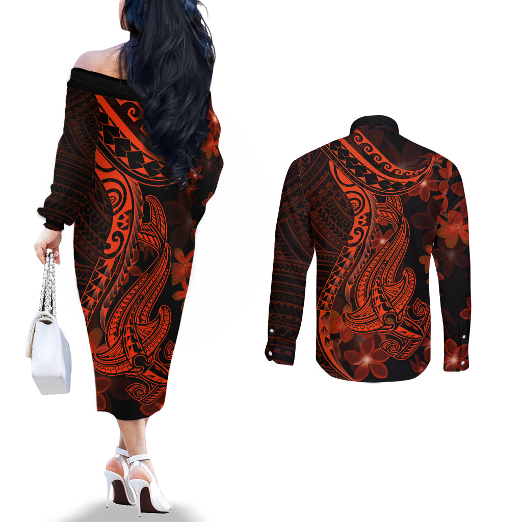 Red Polynesia Couples Matching Off The Shoulder Long Sleeve Dress and Long Sleeve Button Shirt Shark Tattoo With Polynesian Plumeria LT14 - Polynesian Pride