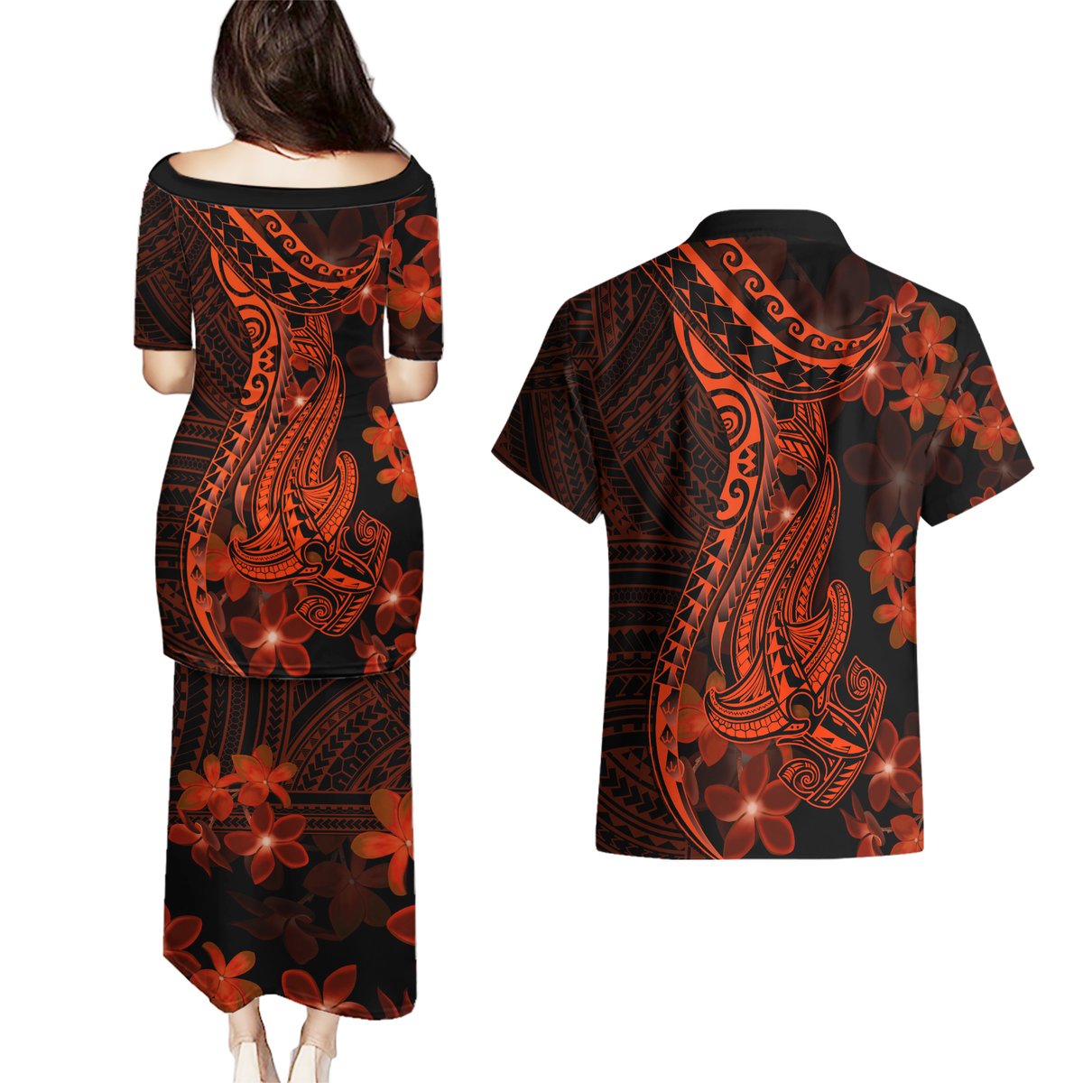 Red Polynesia Couples Matching Puletasi Dress and Hawaiian Shirt Shark Tattoo With Polynesian Plumeria LT14 - Polynesian Pride