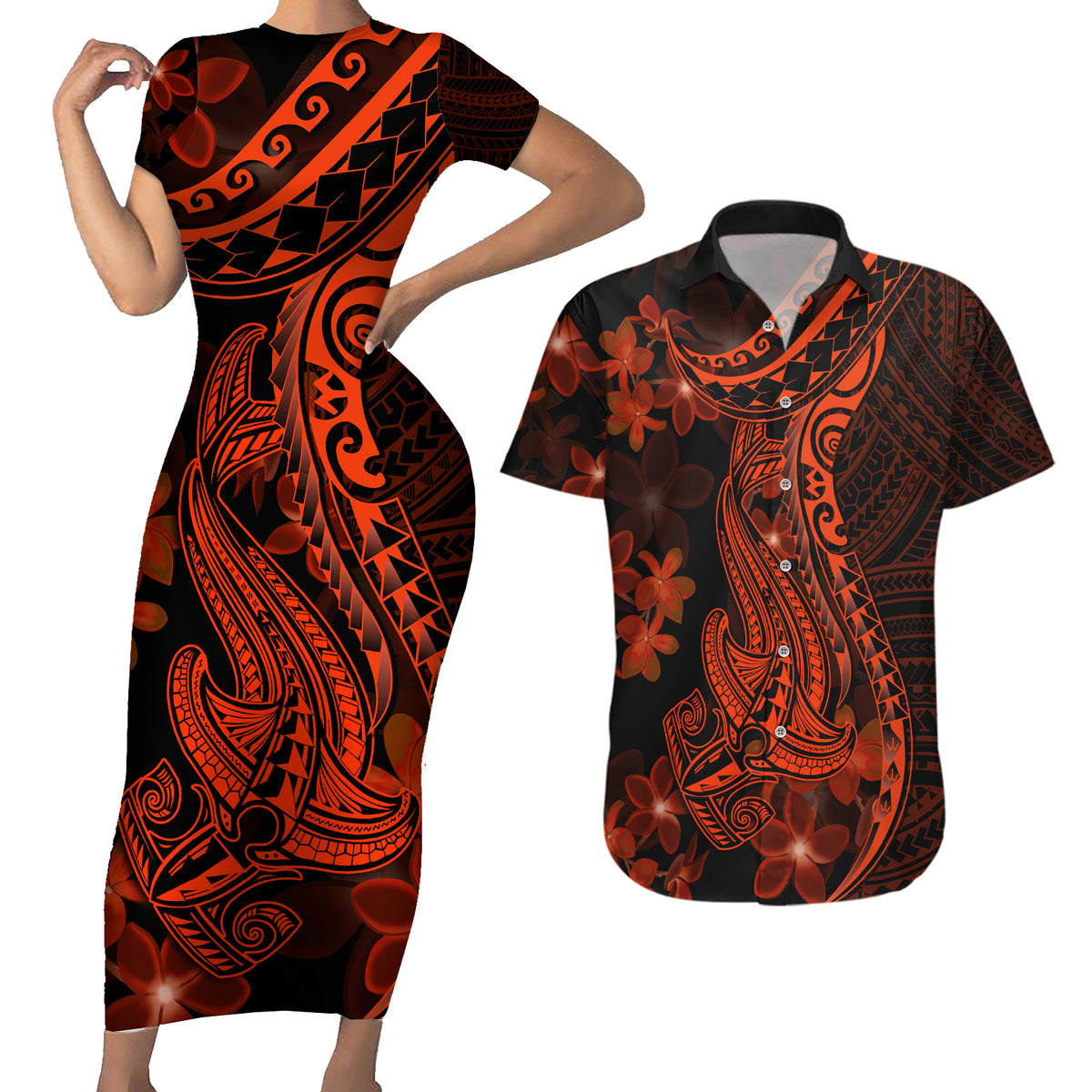 Red Polynesia Couples Matching Short Sleeve Bodycon Dress and Hawaiian Shirt Shark Tattoo With Polynesian Plumeria LT14 Red - Polynesian Pride
