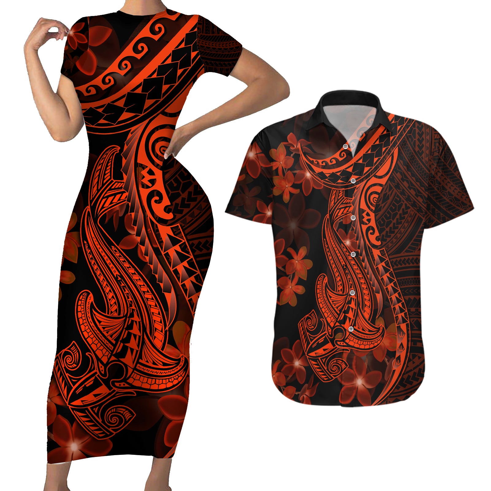 Red Polynesia Couples Matching Short Sleeve Bodycon Dress and Hawaiian Shirt Shark Tattoo With Polynesian Plumeria LT14 Red - Polynesian Pride