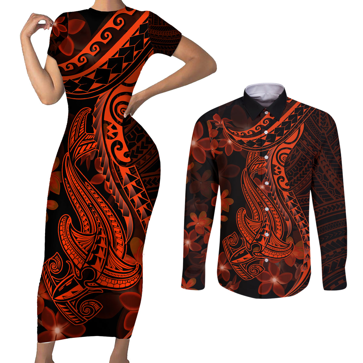 Red Polynesia Couples Matching Short Sleeve Bodycon Dress and Long Sleeve Button Shirt Shark Tattoo With Polynesian Plumeria LT14 Red - Polynesian Pride
