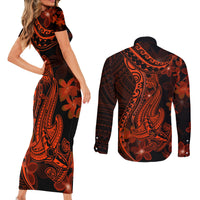 Red Polynesia Couples Matching Short Sleeve Bodycon Dress and Long Sleeve Button Shirt Shark Tattoo With Polynesian Plumeria LT14 - Polynesian Pride