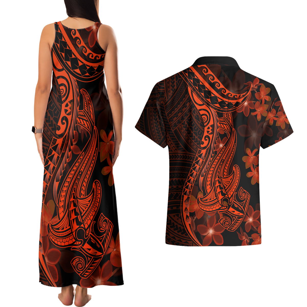 Red Polynesia Couples Matching Tank Maxi Dress and Hawaiian Shirt Shark Tattoo With Polynesian Plumeria LT14 - Polynesian Pride
