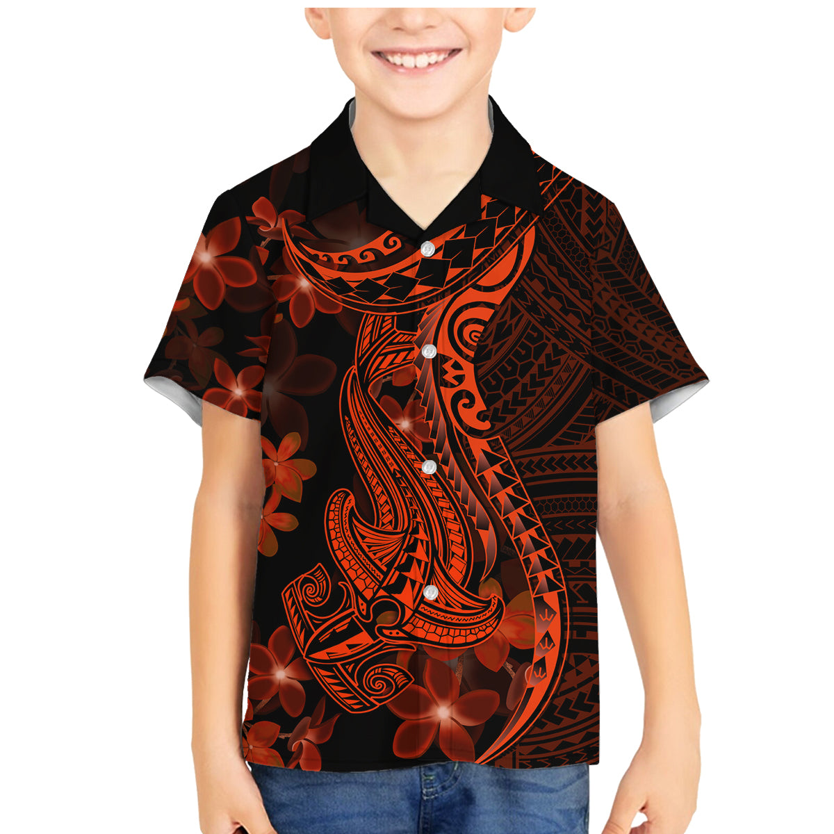 Red Polynesia Family Matching Mermaid Dress and Hawaiian Shirt Shark Tattoo With Polynesian Plumeria LT14 Son's Shirt Red - Polynesian Pride