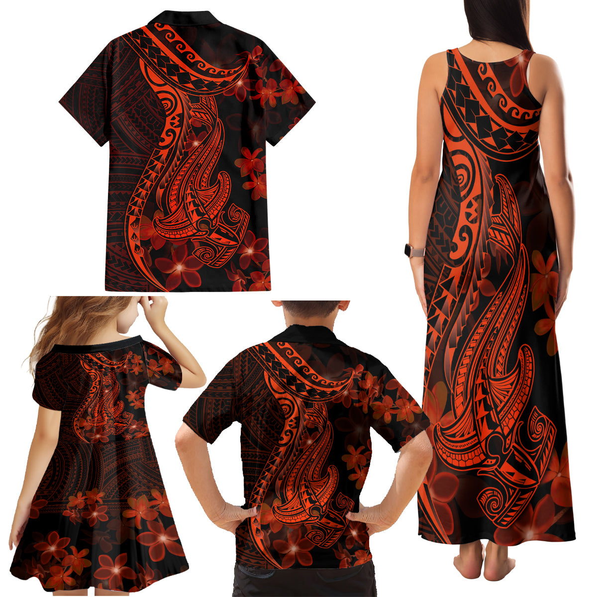 Red Polynesia Family Matching Tank Maxi Dress and Hawaiian Shirt Shark Tattoo With Polynesian Plumeria LT14 - Polynesian Pride