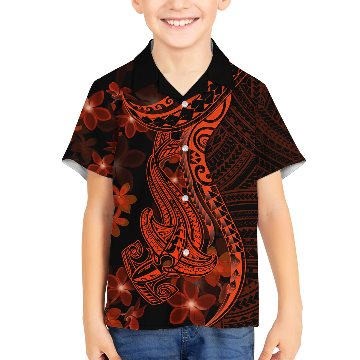 Red Polynesia Family Matching Tank Maxi Dress and Hawaiian Shirt Shark Tattoo With Polynesian Plumeria LT14 Son's Shirt Red - Polynesian Pride