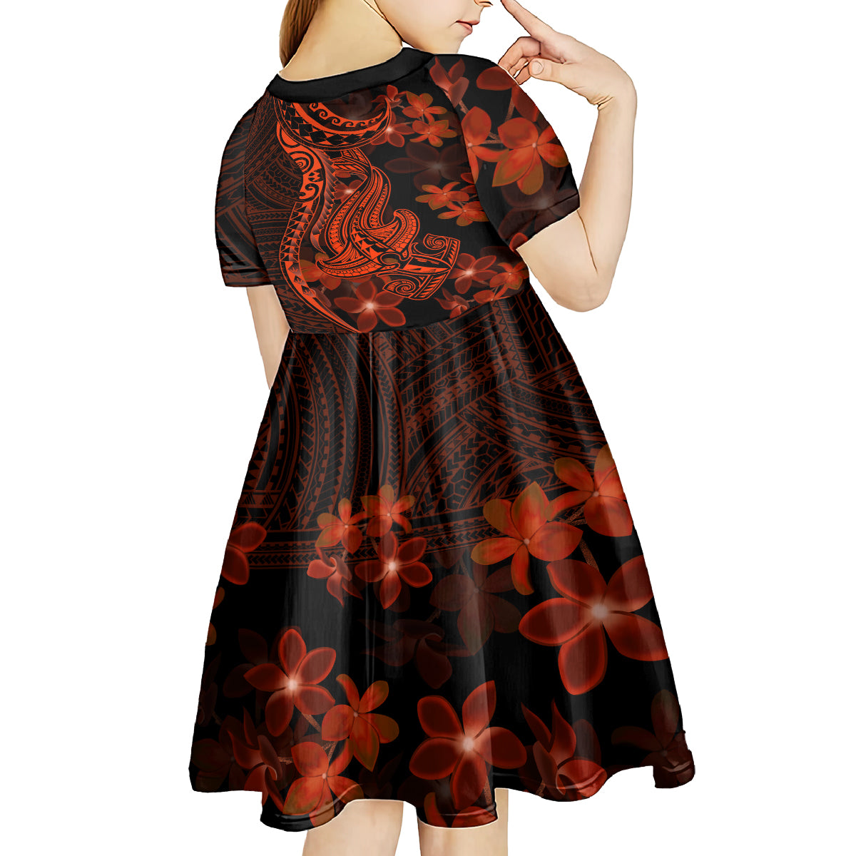 Red Polynesia Kid Short Sleeve Dress Shark Tattoo With Polynesian Plumeria LT14 - Polynesian Pride