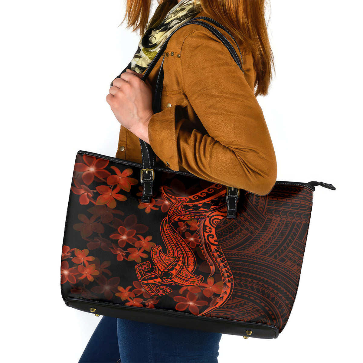 Red Polynesia Leather Tote Bag Shark Tattoo With Polynesian Plumeria LT14 Red - Polynesian Pride