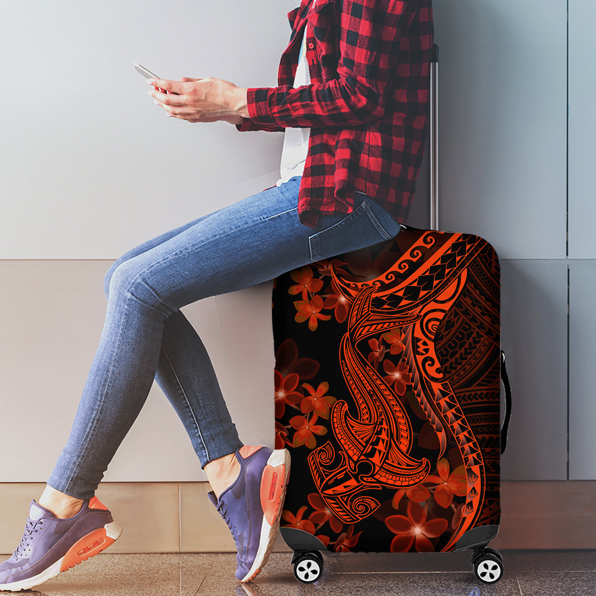 Red Polynesia Luggage Cover Shark Tattoo With Polynesian Plumeria LT14 - Polynesian Pride