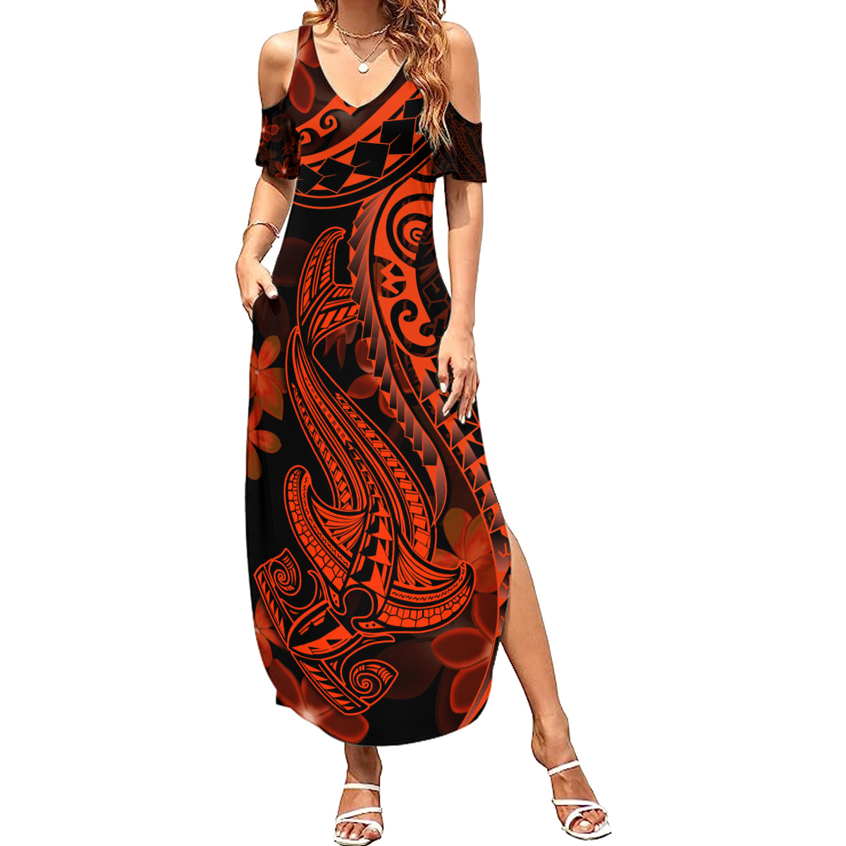 Red Polynesia Summer Maxi Dress Shark Tattoo With Polynesian Plumeria LT14 Women Red - Polynesian Pride