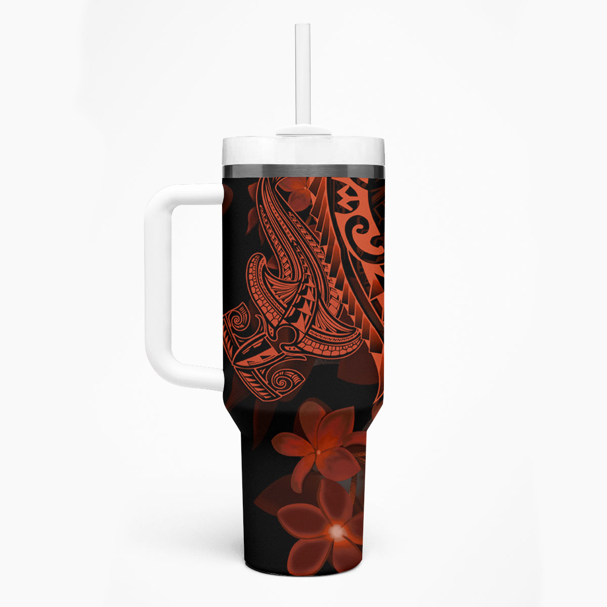 Red Polynesia Tumbler With Handle Shark Tattoo With Polynesian Plumeria