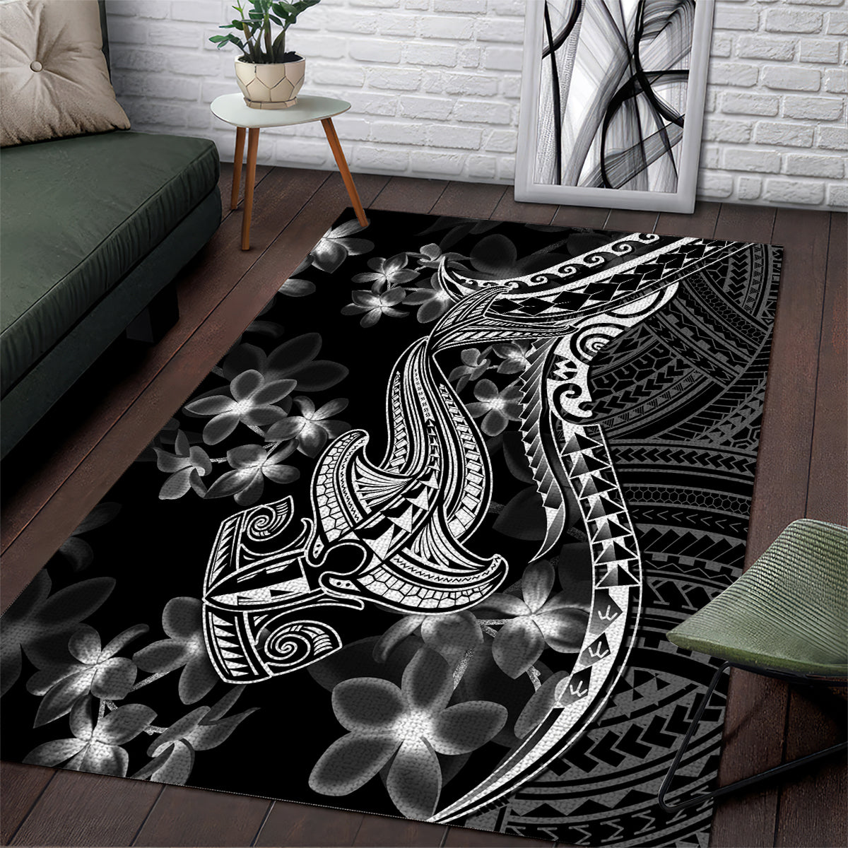 Black Polynesia Area Rug Shark Tattoo With Polynesian Plumeria LT14 Black - Polynesian Pride
