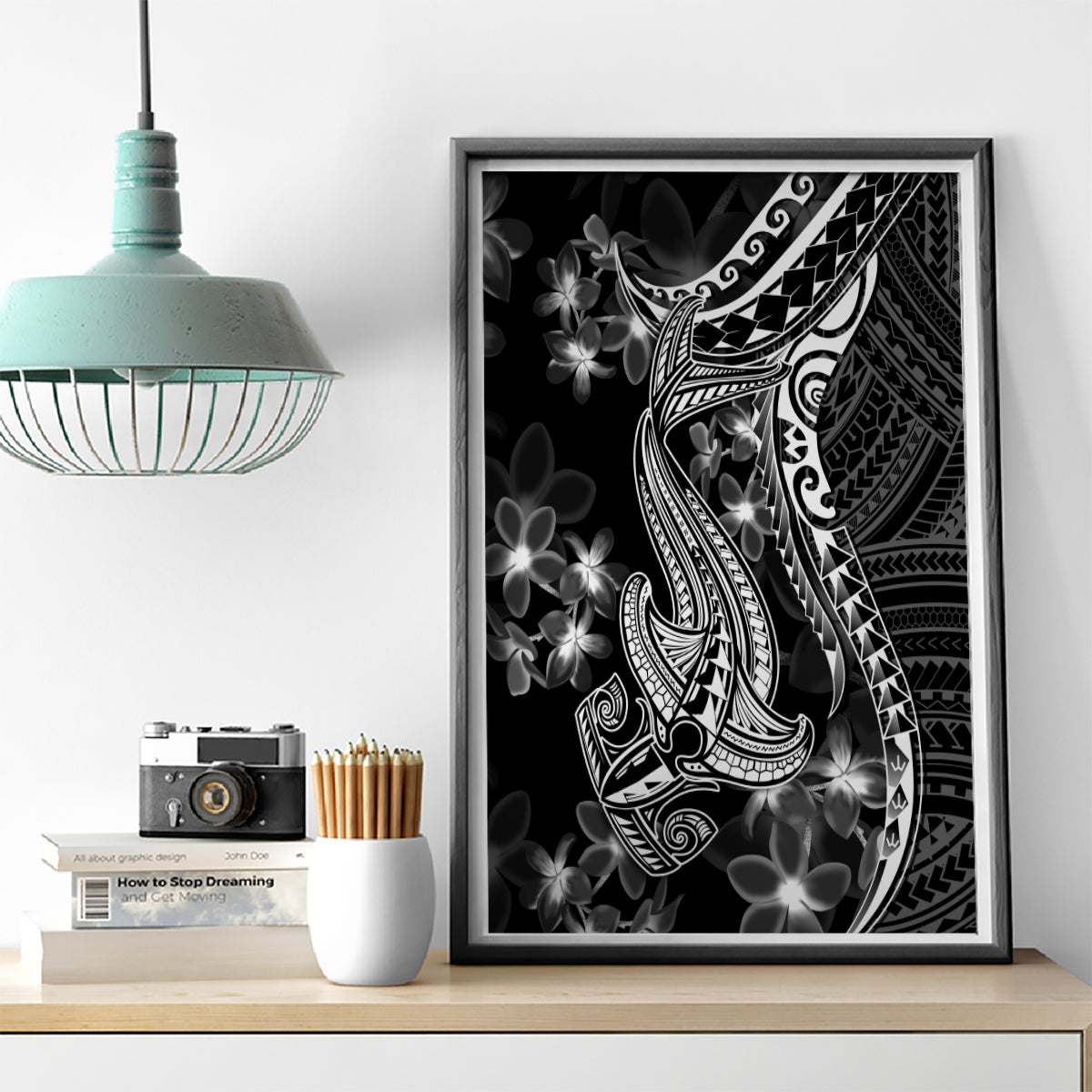 Black Polynesia Canvas Wall Art Shark Tattoo With Polynesian Plumeria LT14 - Polynesian Pride