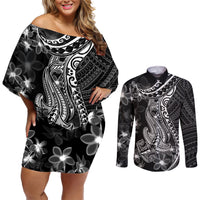 Black Polynesia Couples Matching Off Shoulder Short Dress and Long Sleeve Button Shirt Shark Tattoo With Polynesian Plumeria LT14 Black - Polynesian Pride