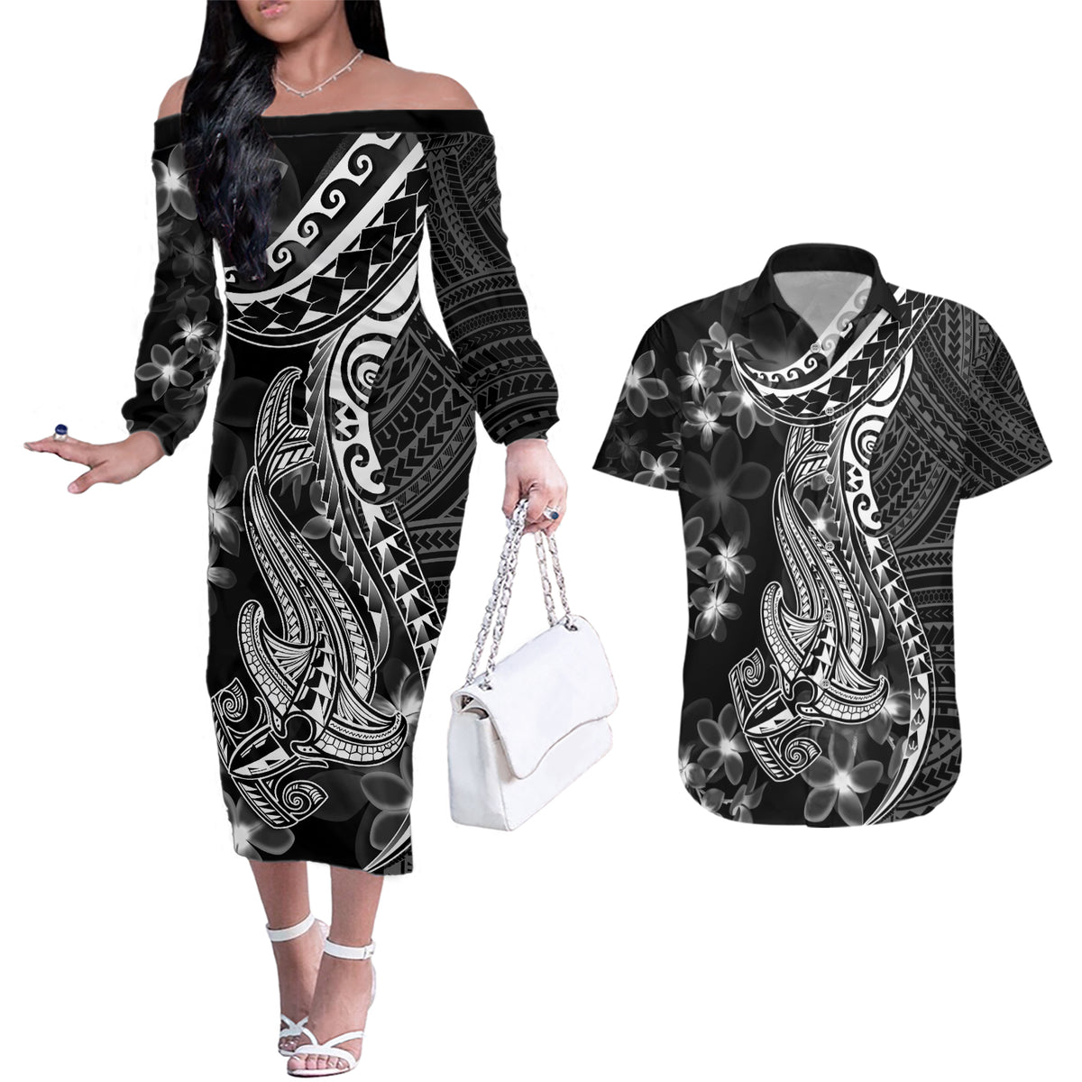 Black Polynesia Couples Matching Off The Shoulder Long Sleeve Dress and Hawaiian Shirt Shark Tattoo With Polynesian Plumeria LT14 Black - Polynesian Pride