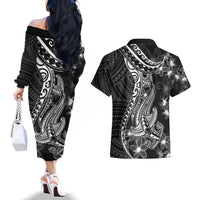 Black Polynesia Couples Matching Off The Shoulder Long Sleeve Dress and Hawaiian Shirt Shark Tattoo With Polynesian Plumeria LT14 - Polynesian Pride