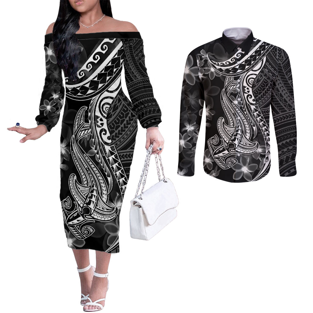 Black Polynesia Couples Matching Off The Shoulder Long Sleeve Dress and Long Sleeve Button Shirt Shark Tattoo With Polynesian Plumeria LT14 Black - Polynesian Pride