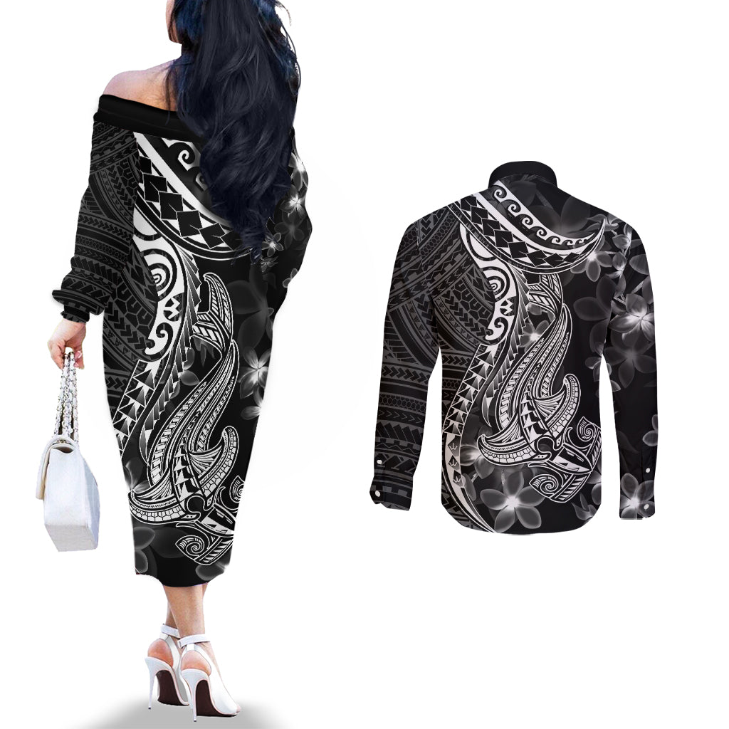 Black Polynesia Couples Matching Off The Shoulder Long Sleeve Dress and Long Sleeve Button Shirt Shark Tattoo With Polynesian Plumeria LT14 - Polynesian Pride