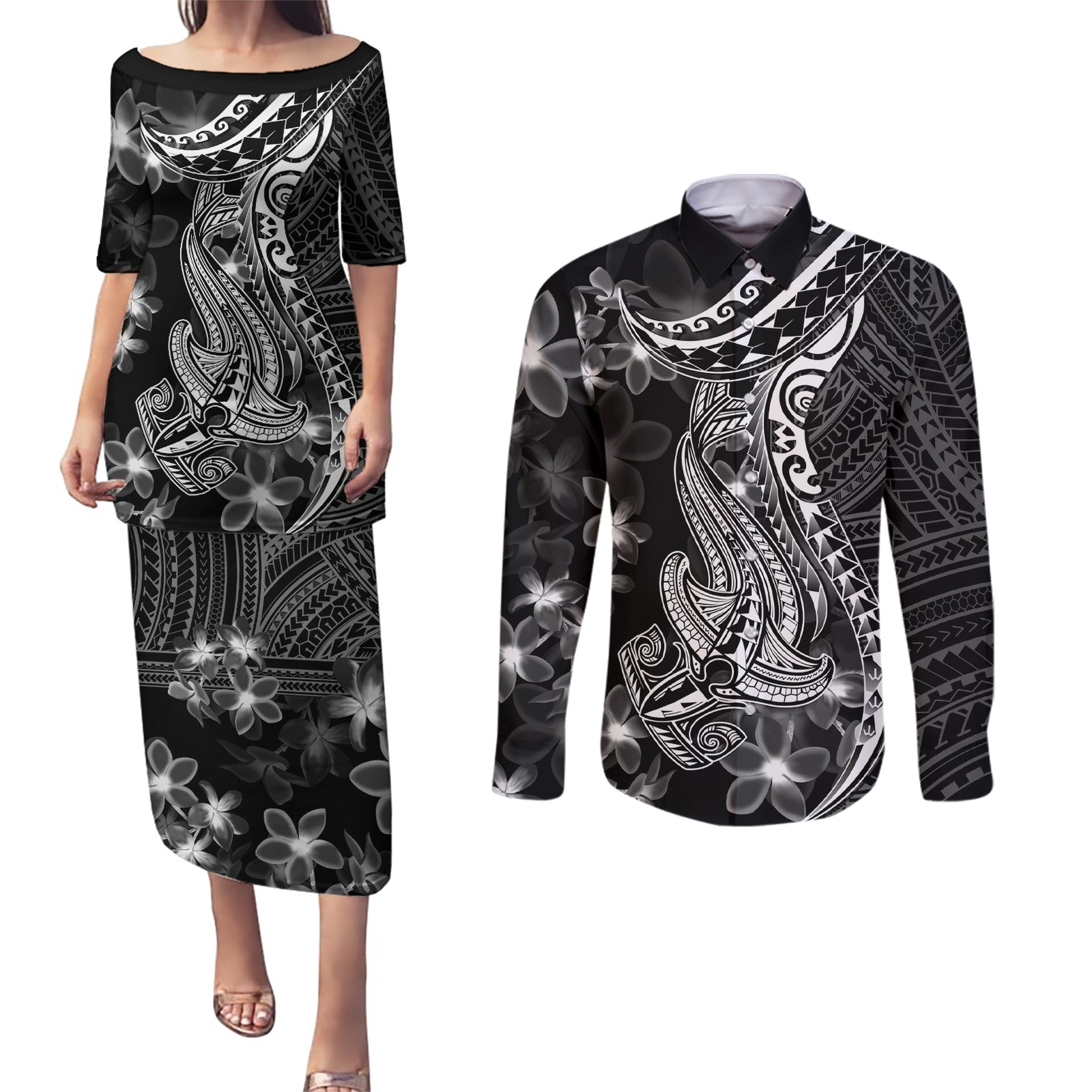Black Polynesia Couples Matching Puletasi Dress and Long Sleeve Button Shirt Shark Tattoo With Polynesian Plumeria LT14 Black - Polynesian Pride