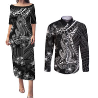 Black Polynesia Couples Matching Puletasi Dress and Long Sleeve Button Shirt Shark Tattoo With Polynesian Plumeria LT14 Black - Polynesian Pride