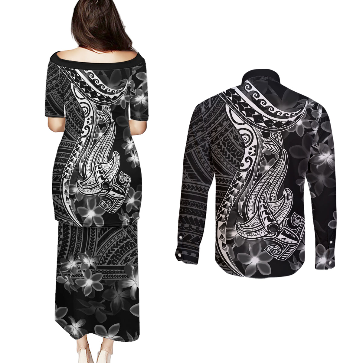 Black Polynesia Couples Matching Puletasi Dress and Long Sleeve Button Shirt Shark Tattoo With Polynesian Plumeria LT14 - Polynesian Pride