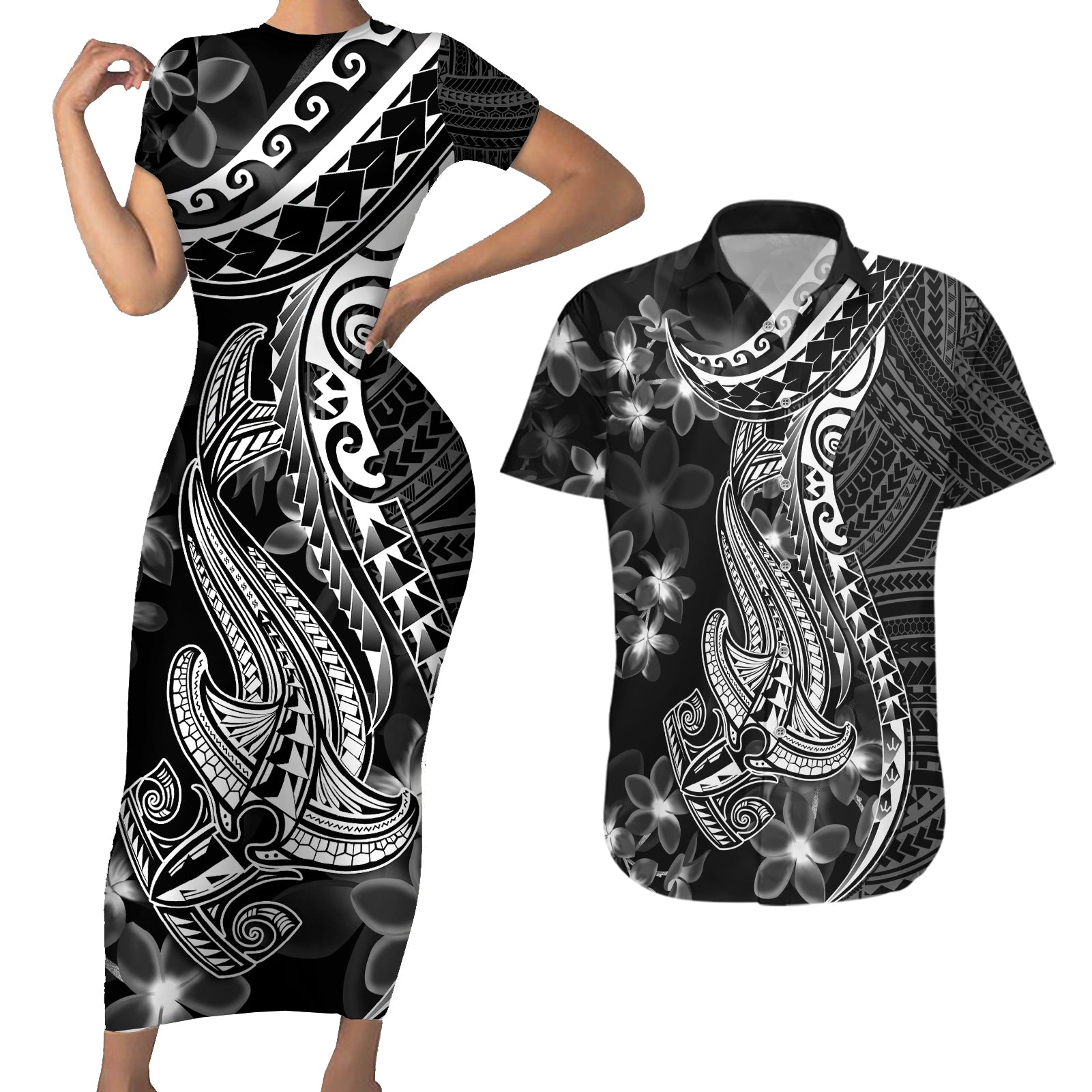 Black Polynesia Couples Matching Short Sleeve Bodycon Dress and Hawaiian Shirt Shark Tattoo With Polynesian Plumeria LT14 Black - Polynesian Pride