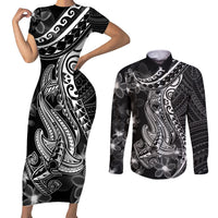 Black Polynesia Couples Matching Short Sleeve Bodycon Dress and Long Sleeve Button Shirt Shark Tattoo With Polynesian Plumeria LT14 Black - Polynesian Pride