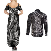 Black Polynesia Couples Matching Summer Maxi Dress and Long Sleeve Button Shirt Shark Tattoo With Polynesian Plumeria LT14 - Polynesian Pride