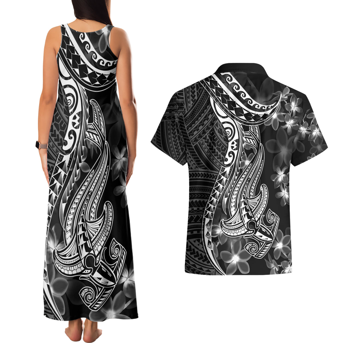 Black Polynesia Couples Matching Tank Maxi Dress and Hawaiian Shirt Shark Tattoo With Polynesian Plumeria LT14 - Polynesian Pride