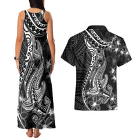 Black Polynesia Couples Matching Tank Maxi Dress and Hawaiian Shirt Shark Tattoo With Polynesian Plumeria LT14 - Polynesian Pride
