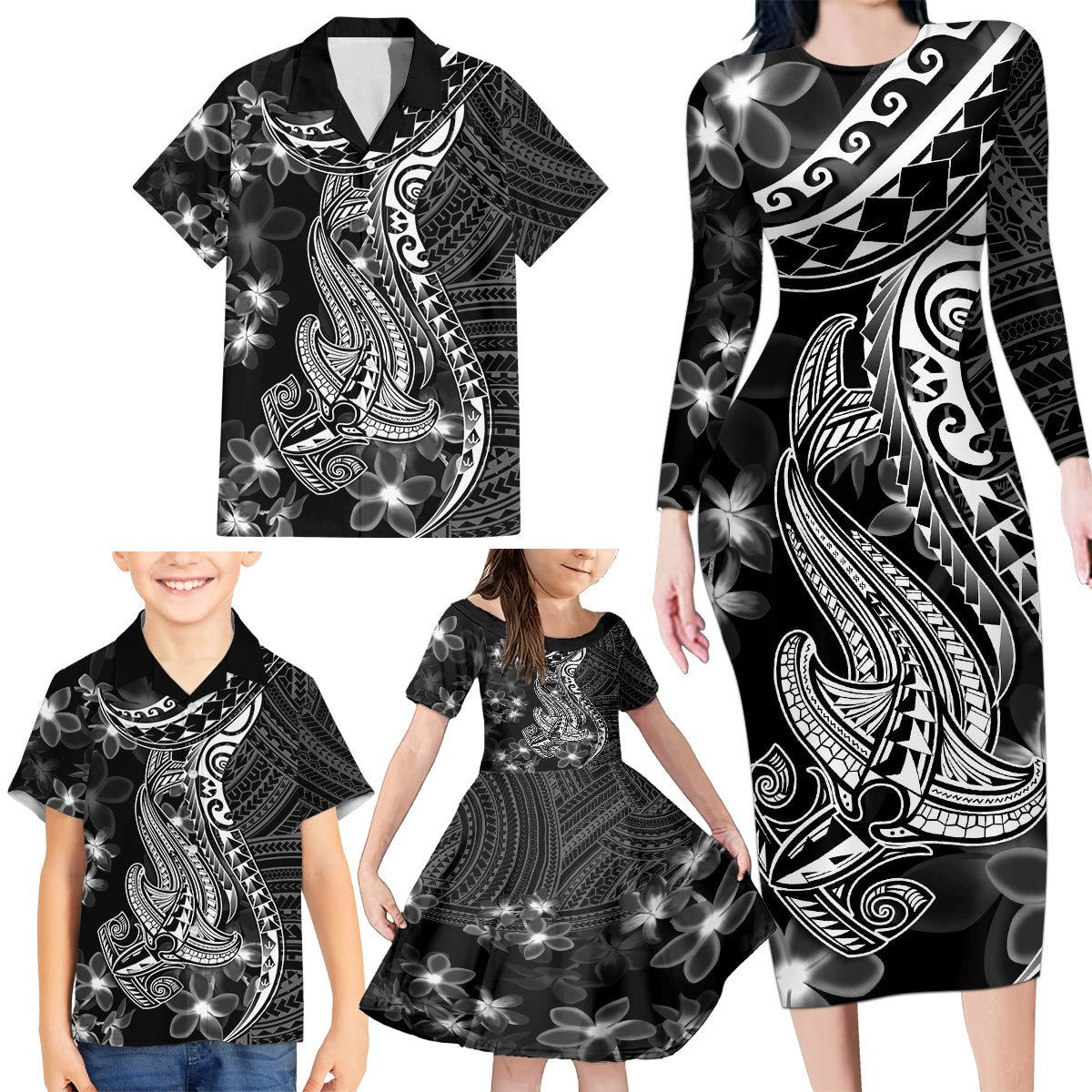 Black Polynesia Family Matching Long Sleeve Bodycon Dress and Hawaiian Shirt Shark Tattoo With Polynesian Plumeria LT14 - Polynesian Pride