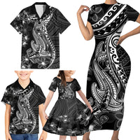 Black Polynesia Family Matching Short Sleeve Bodycon Dress and Hawaiian Shirt Shark Tattoo With Polynesian Plumeria LT14 - Polynesian Pride