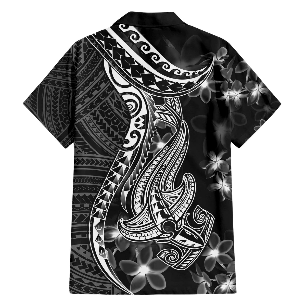 Black Polynesia Family Matching Short Sleeve Bodycon Dress and Hawaiian Shirt Shark Tattoo With Polynesian Plumeria LT14 - Polynesian Pride