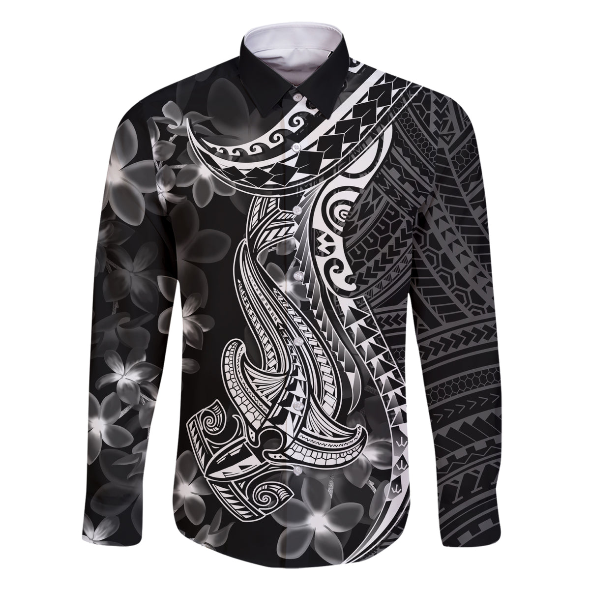 Black Polynesia Family Matching Short Sleeve Bodycon Dress and Hawaiian Shirt Shark Tattoo With Polynesian Plumeria LT14 Dad's Shirt - Long Sleeve Black - Polynesian Pride